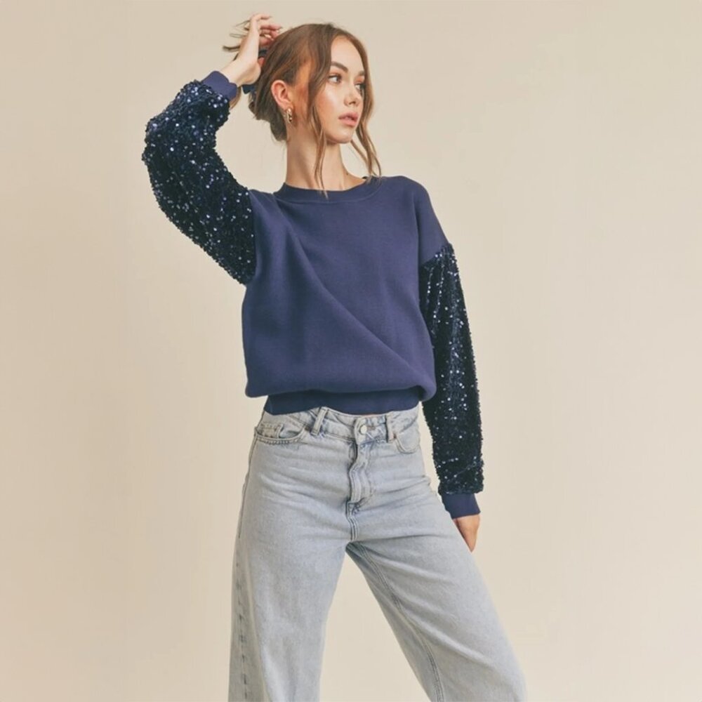 Lush | Round Neck Sequin Sleeve Sweater in Blue Medium